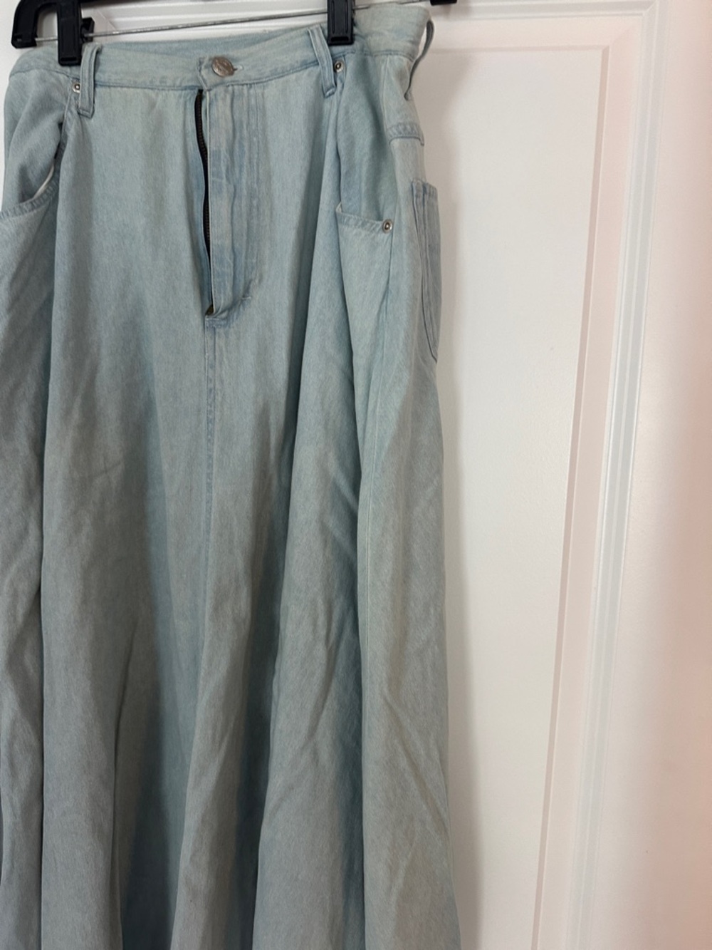 Light Blue Denim Maxi A-Line Women's Skirt with Front Zip - Picture 2 of 9